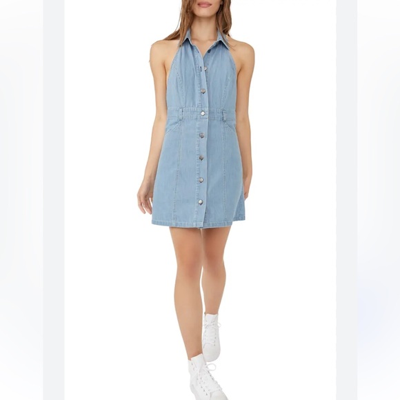 Free People Sami Light Blue denim chambray halter Mini Dress 51869 - Picture 4 of 16